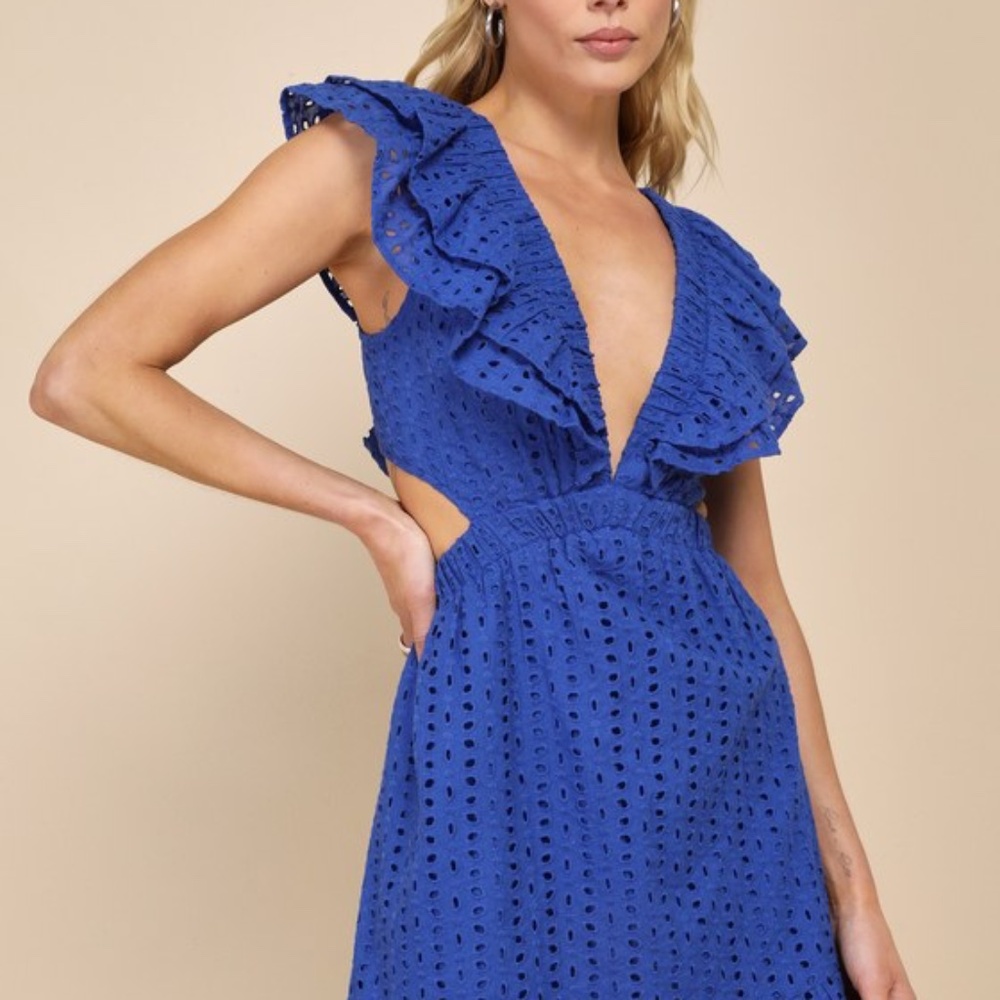 Lulus Blissful Sunshine Royal Blue Eyelet Backless Mini Dress - Size M